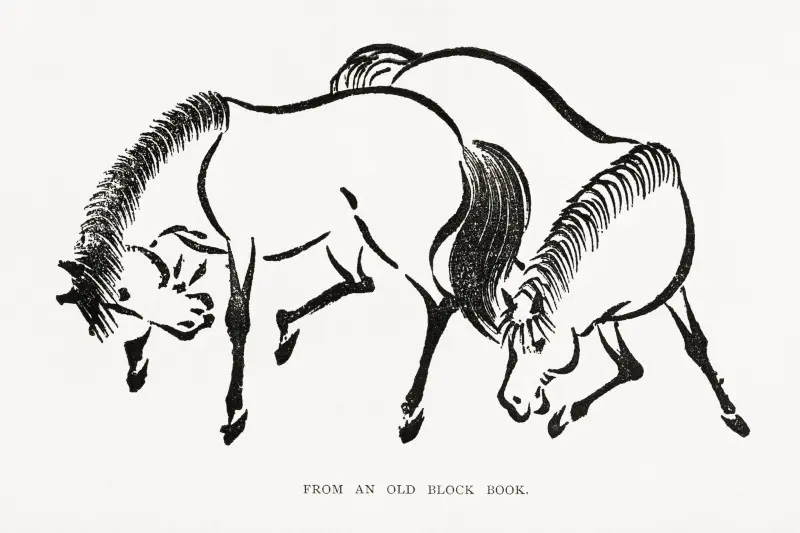 Horses Japanese Animal Ink Illustration